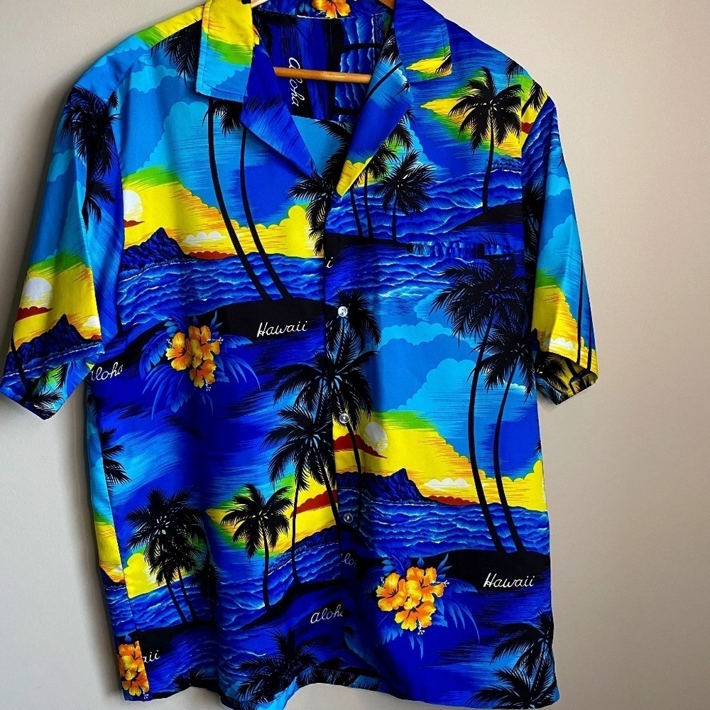 Royal Creations Vintage Aloha Shirt‎ Hawaiian Palm Tree Sunset Surf Men's